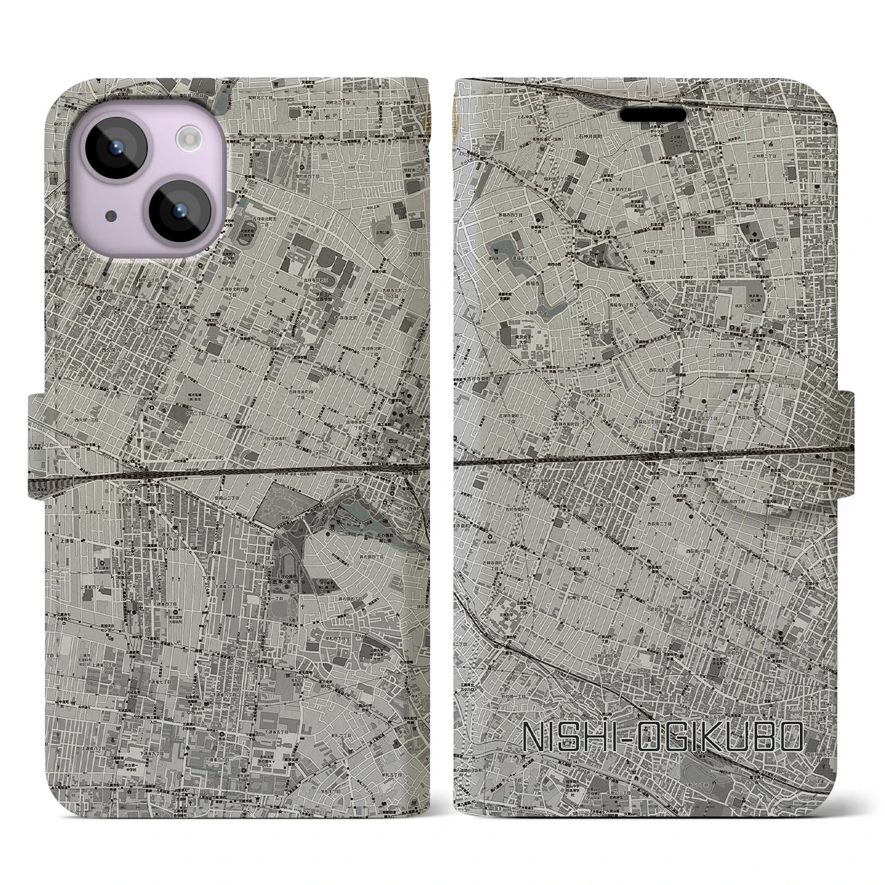 【西荻窪2(東京都)】地図柄iPhoneケース(手帳タイプ)モノトーン・iPhone 14 用