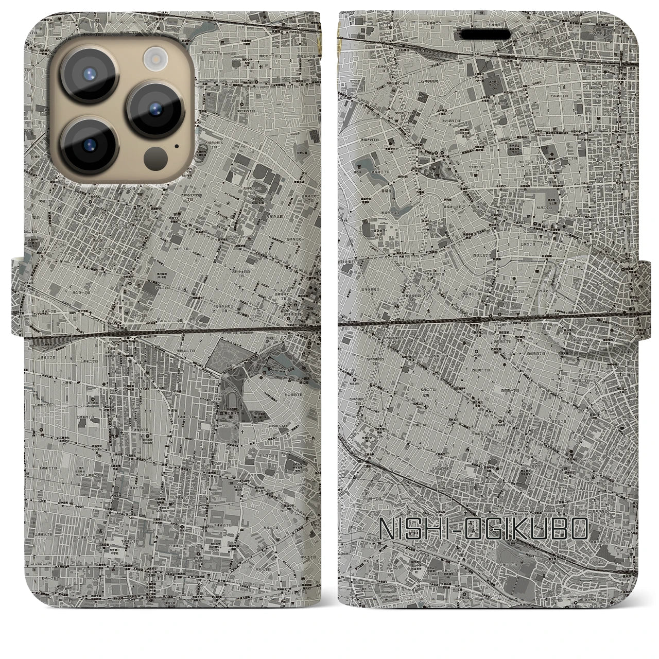 【西荻窪2(東京都)】地図柄iPhoneケース(手帳タイプ)モノトーン・iPhone 14 Pro Max 用