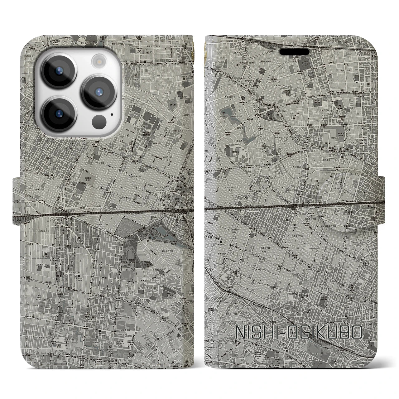 【西荻窪2(東京都)】地図柄iPhoneケース(手帳タイプ)モノトーン・iPhone 14 Pro 用