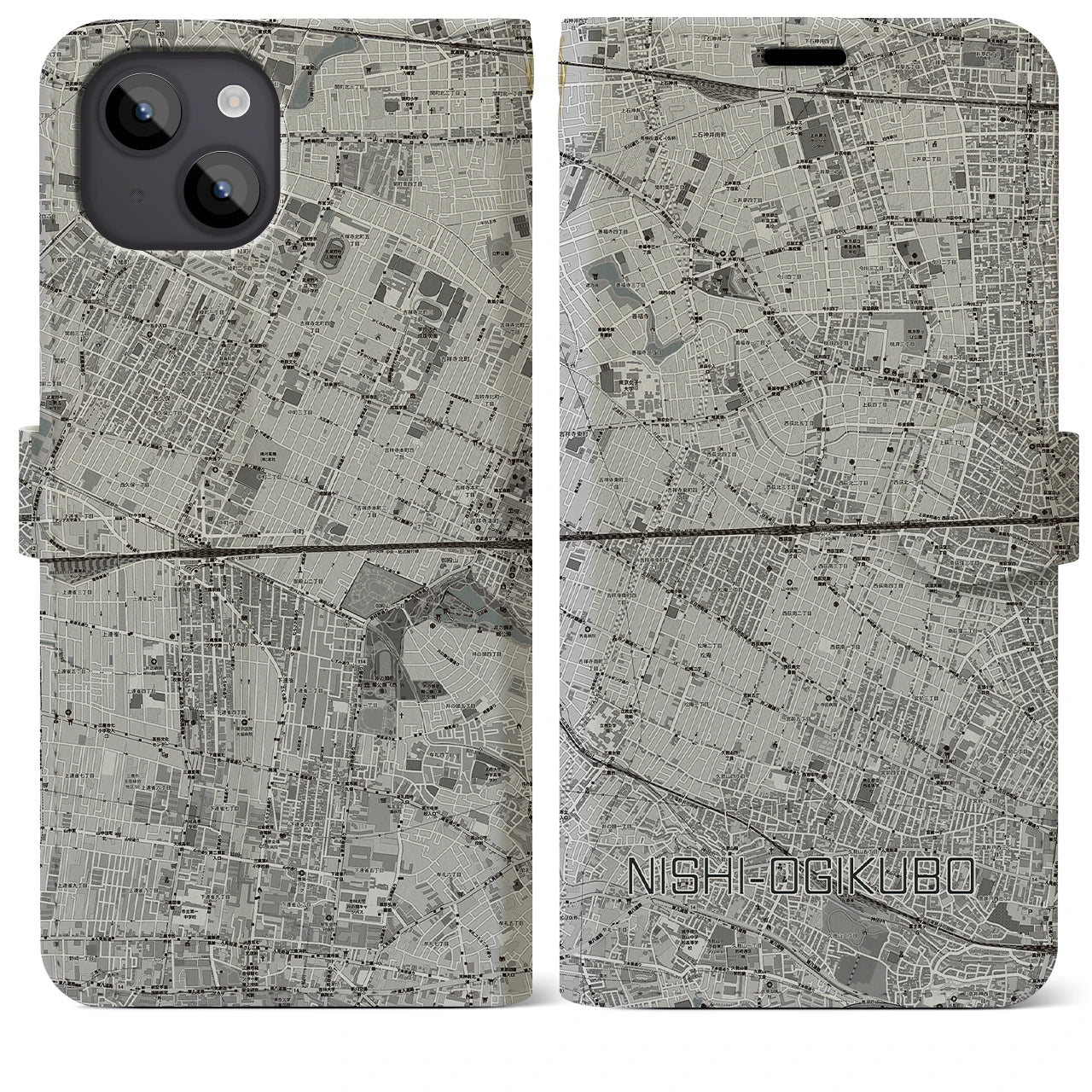 【西荻窪2(東京都)】地図柄iPhoneケース(手帳タイプ)モノトーン・iPhone 14 Plus 用