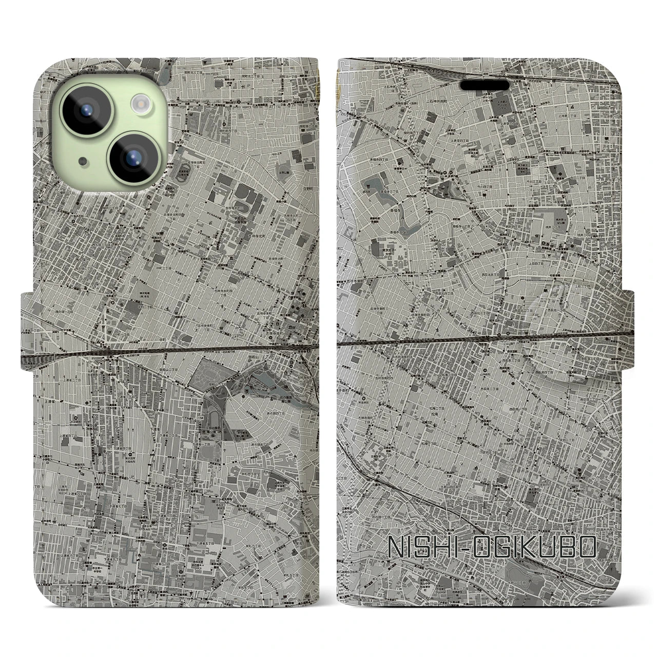 【西荻窪2(東京都)】地図柄iPhoneケース(手帳タイプ)モノトーン・iPhone 15 用