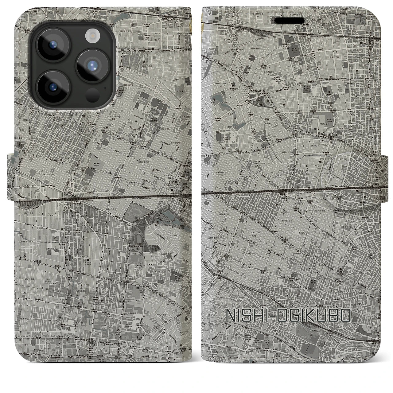 【西荻窪2(東京都)】地図柄iPhoneケース(手帳タイプ)モノトーン・iPhone 15 Pro Max 用