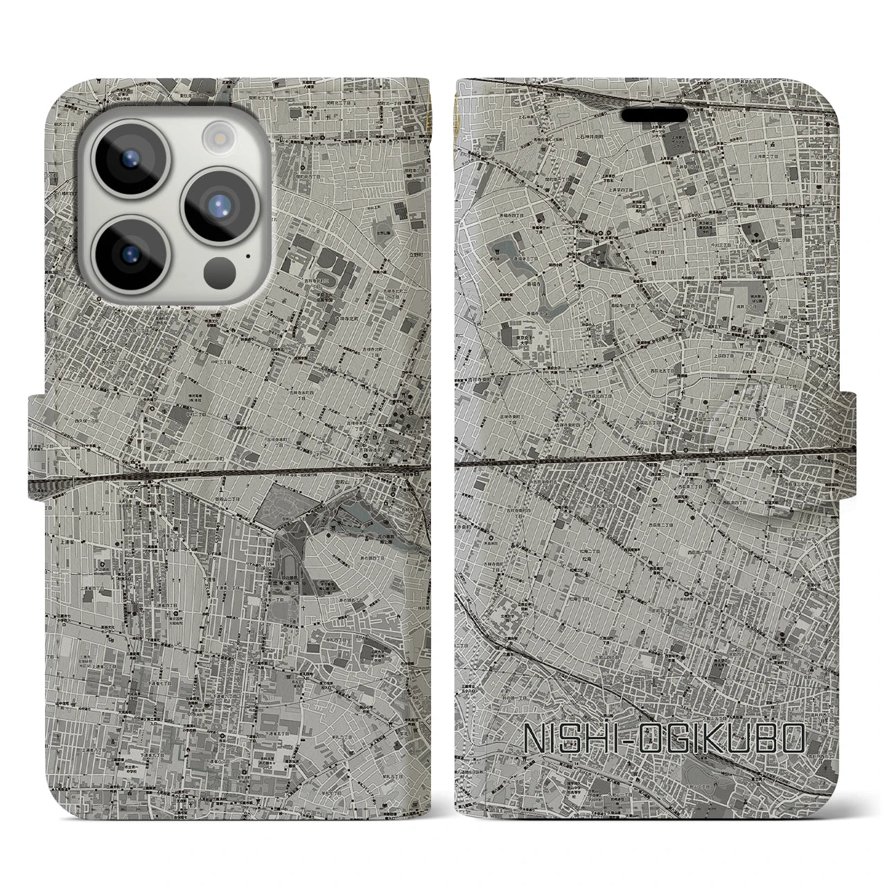 【西荻窪2(東京都)】地図柄iPhoneケース(手帳タイプ)モノトーン・iPhone 15 Pro 用