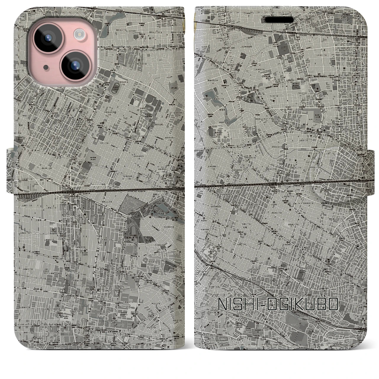 【西荻窪2(東京都)】地図柄iPhoneケース(手帳タイプ)モノトーン・iPhone 15 Plus 用