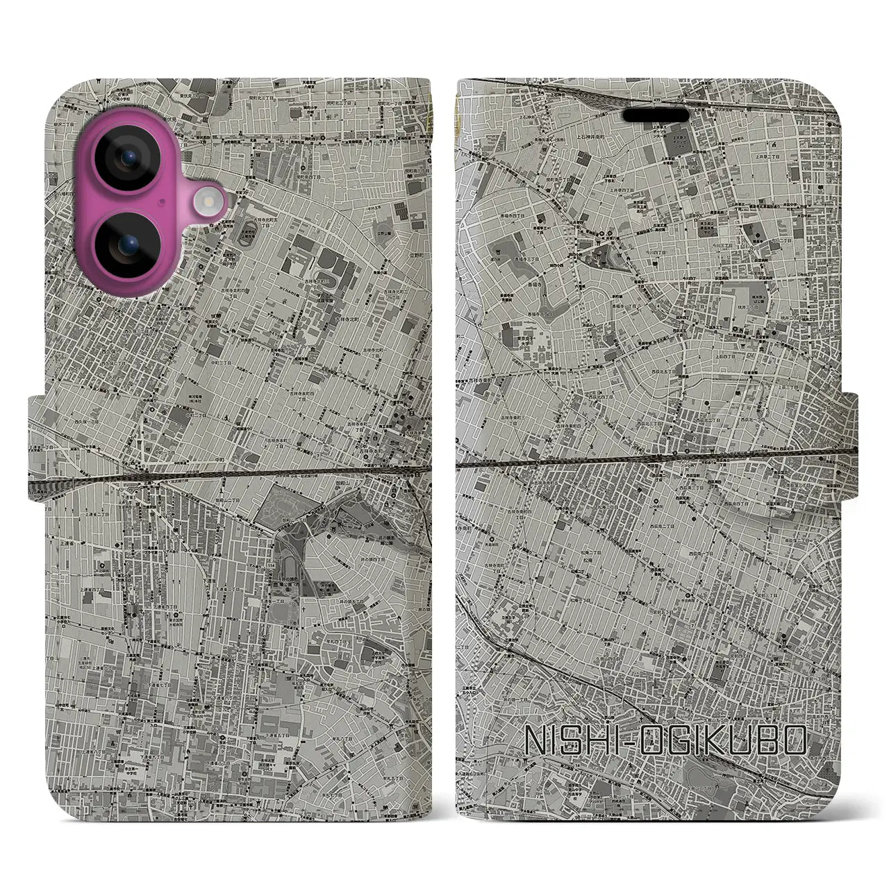 【西荻窪2(東京都)】地図柄iPhoneケース(手帳タイプ)モノトーン・iPhone 16 Pro 用