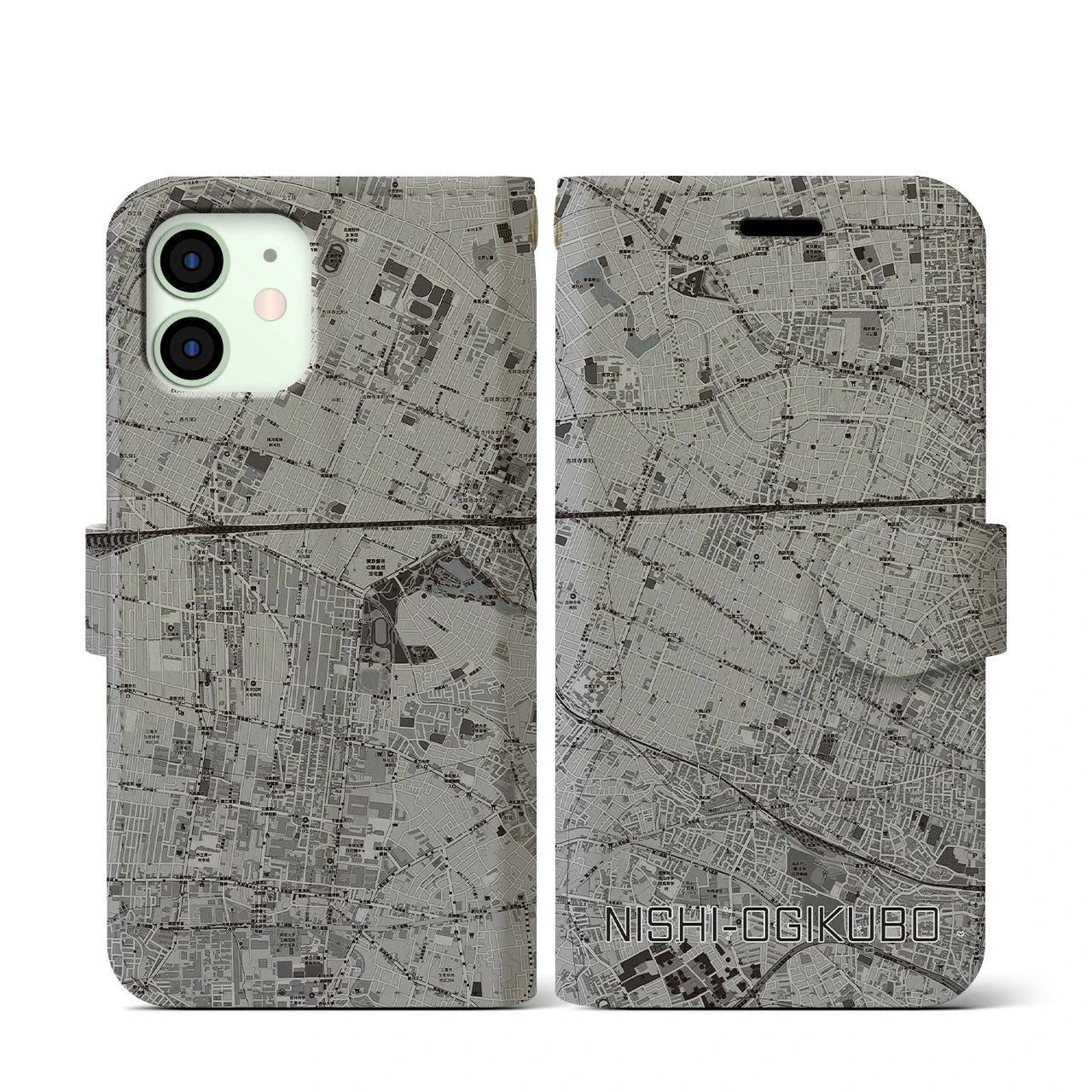 【西荻窪(東京都)】地図柄iPhoneケース(手帳タイプ)モノトーン・iPhone 12 mini 用