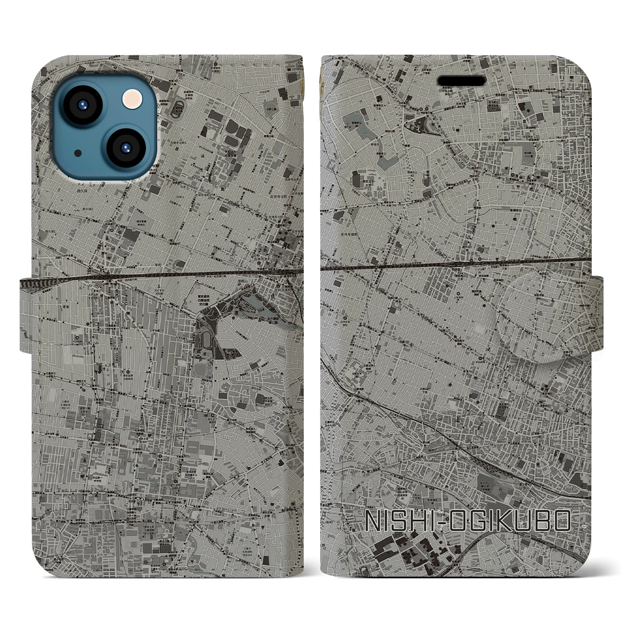 【西荻窪(東京都)】地図柄iPhoneケース(手帳タイプ)モノトーン・iPhone 13 用