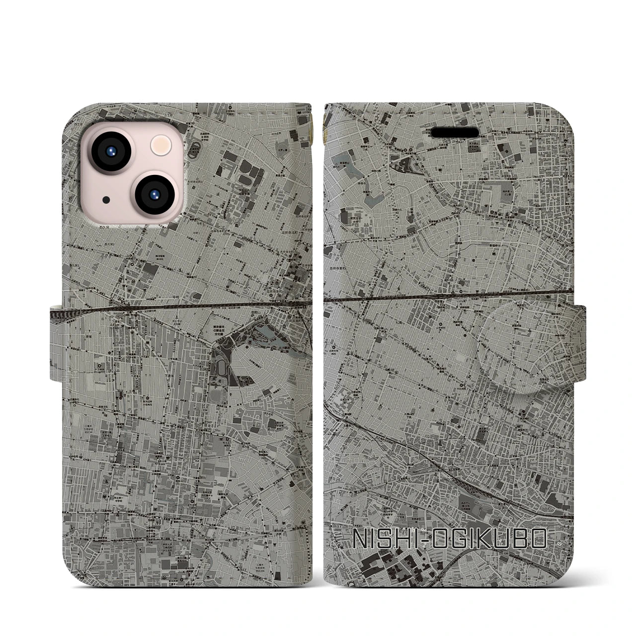 【西荻窪(東京都)】地図柄iPhoneケース(手帳タイプ)モノトーン・iPhone 13 mini 用