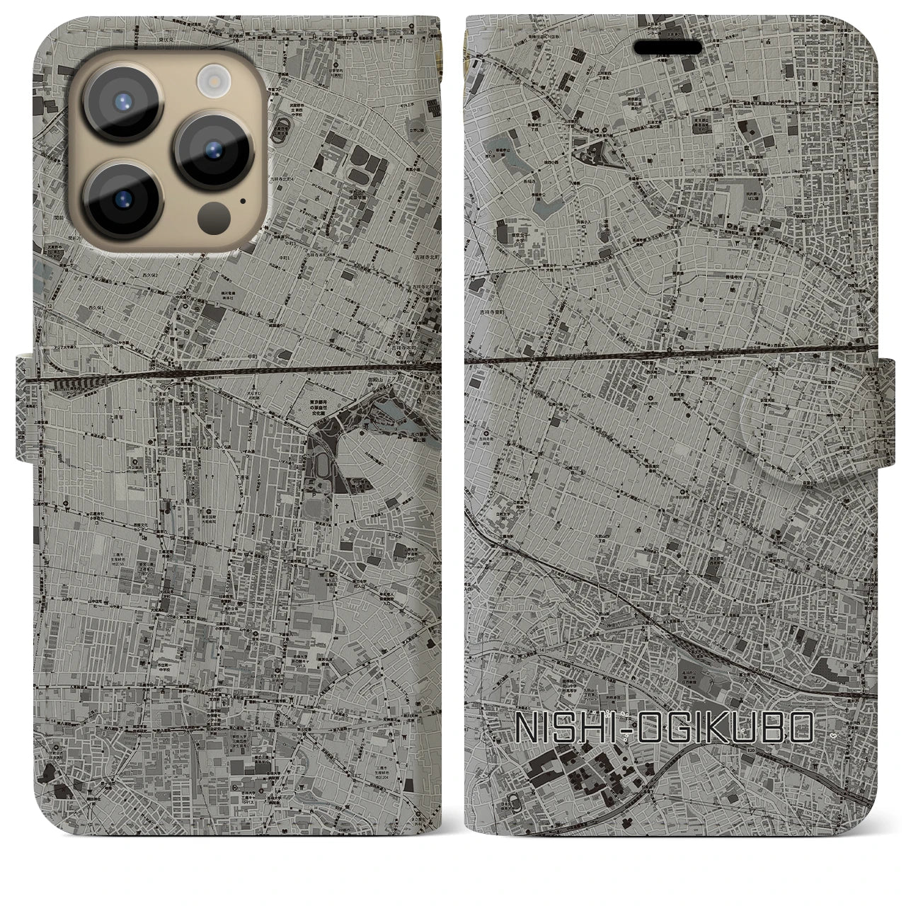 【西荻窪(東京都)】地図柄iPhoneケース(手帳タイプ)モノトーン・iPhone 14 Pro Max 用