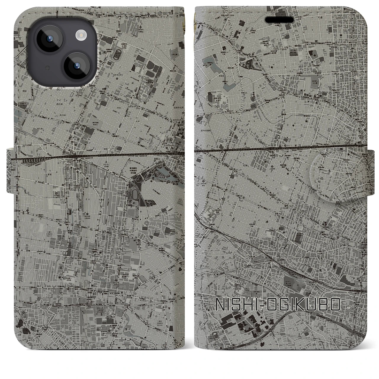 【西荻窪(東京都)】地図柄iPhoneケース(手帳タイプ)モノトーン・iPhone 14 Plus 用