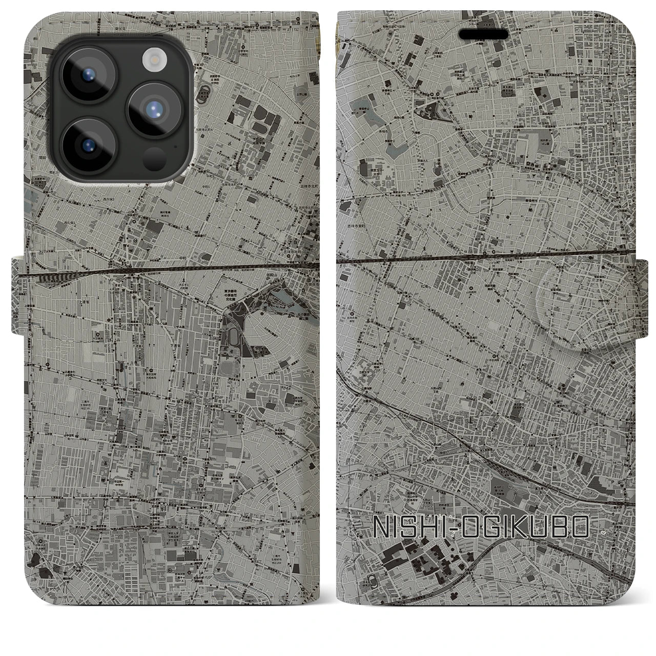 【西荻窪(東京都)】地図柄iPhoneケース(手帳タイプ)モノトーン・iPhone 15 Pro Max 用
