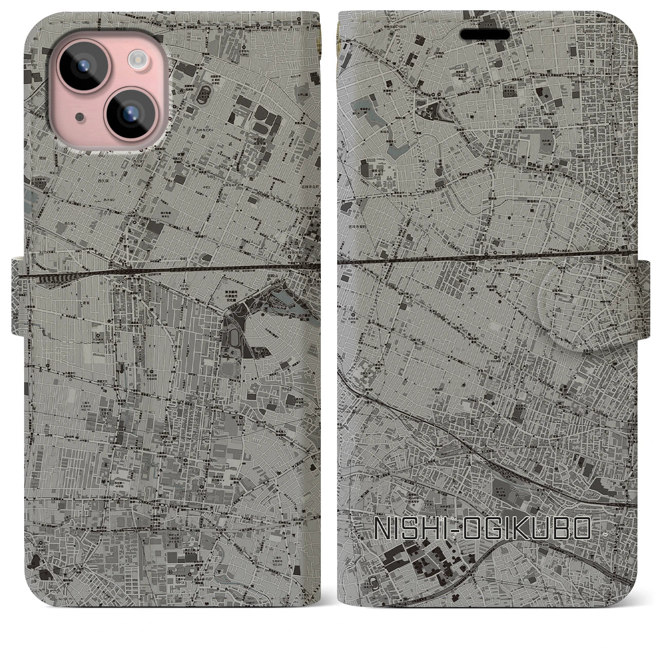 【西荻窪(東京都)】地図柄iPhoneケース(手帳タイプ)モノトーン・iPhone 15 Plus 用