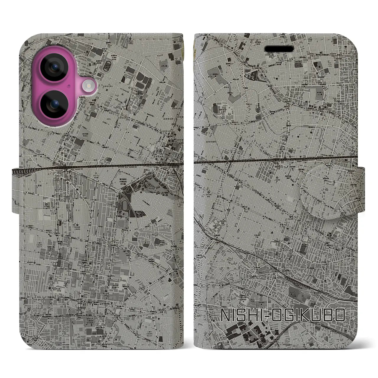 【西荻窪(東京都)】地図柄iPhoneケース(手帳タイプ)モノトーン・iPhone 16 Pro 用