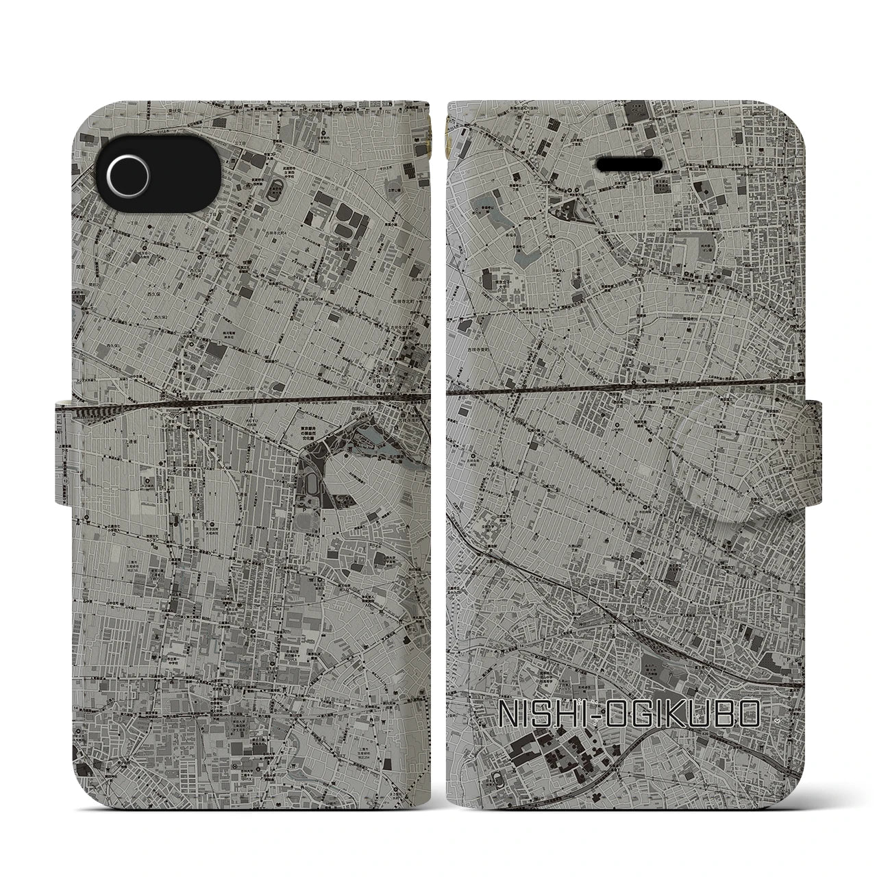 【西荻窪(東京都)】地図柄iPhoneケース(手帳タイプ)モノトーン・iPhone SE(第3 / 第2世代) / 8 / 7 / 6s / 6 用
