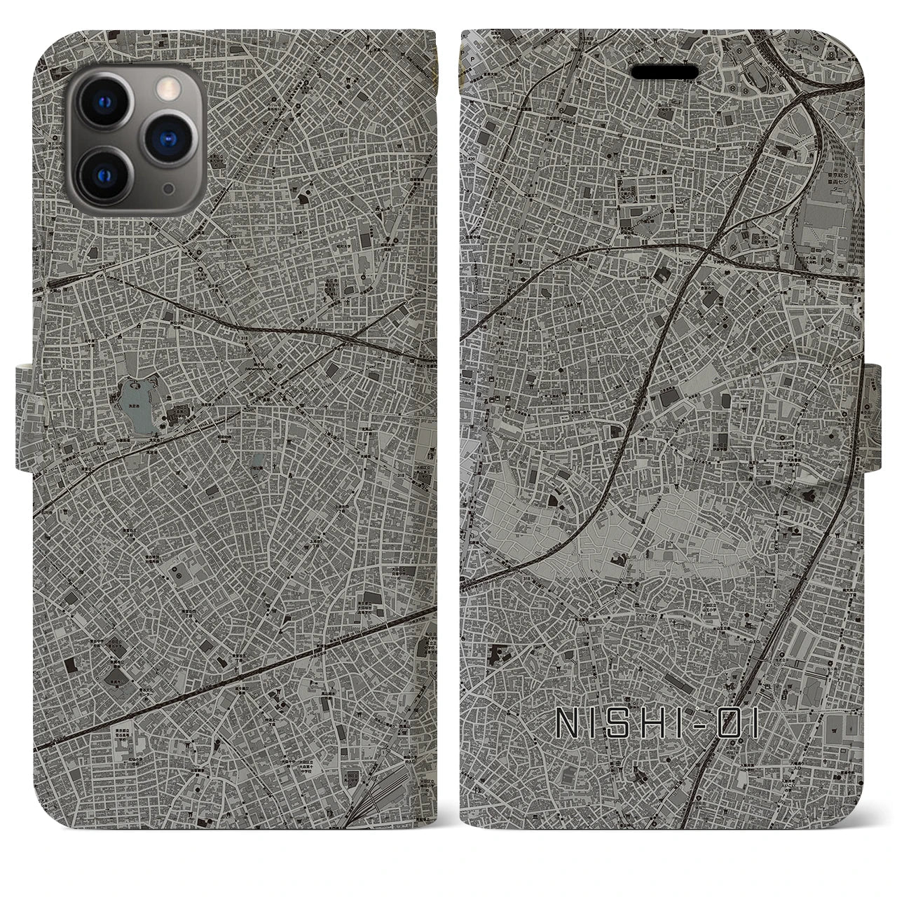 【西大井(東京都)】地図柄iPhoneケース(手帳タイプ)モノトーン・iPhone 11 Pro Max 用