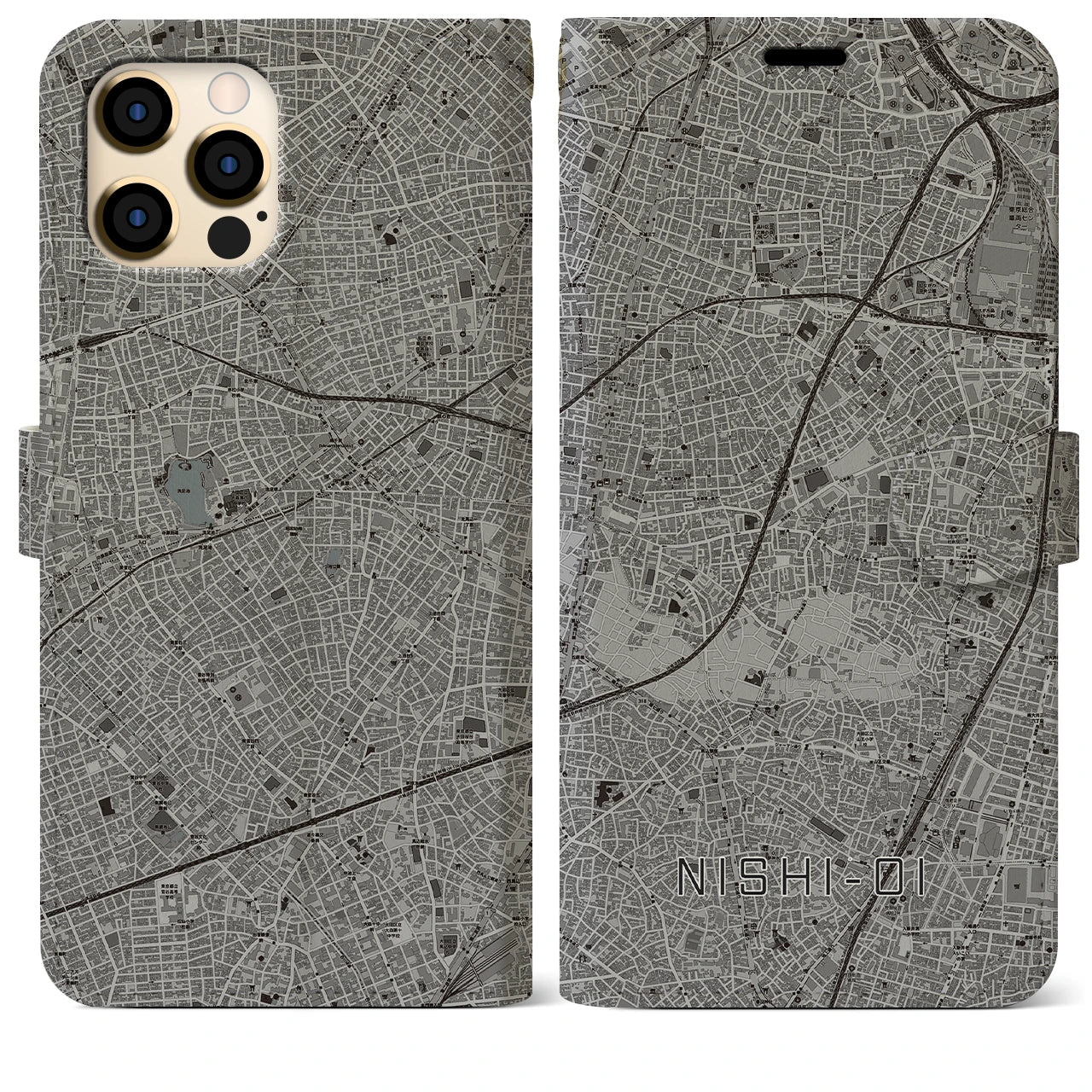 【西大井(東京都)】地図柄iPhoneケース(手帳タイプ)モノトーン・iPhone 12 Pro Max 用