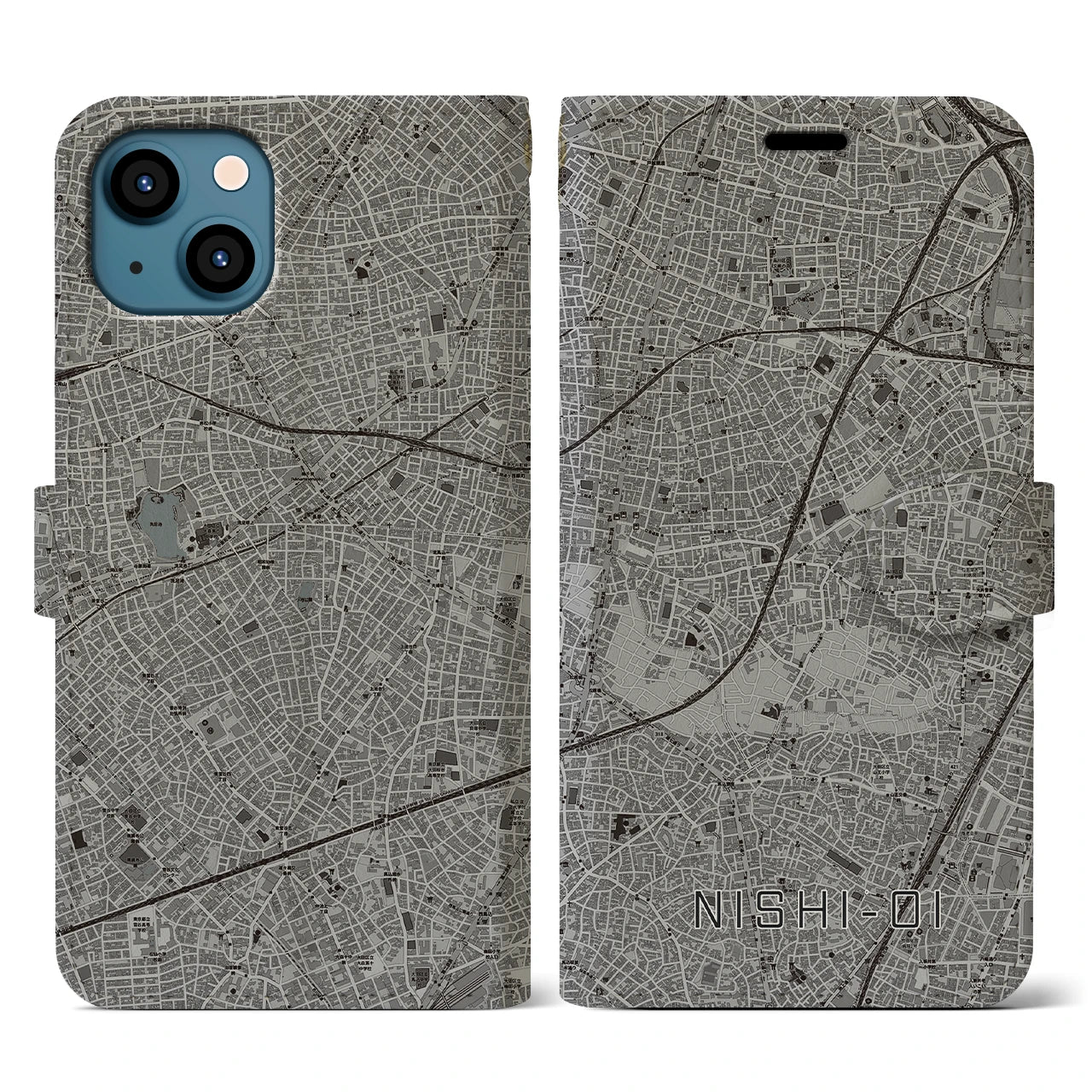 【西大井(東京都)】地図柄iPhoneケース(手帳タイプ)モノトーン・iPhone 13 用