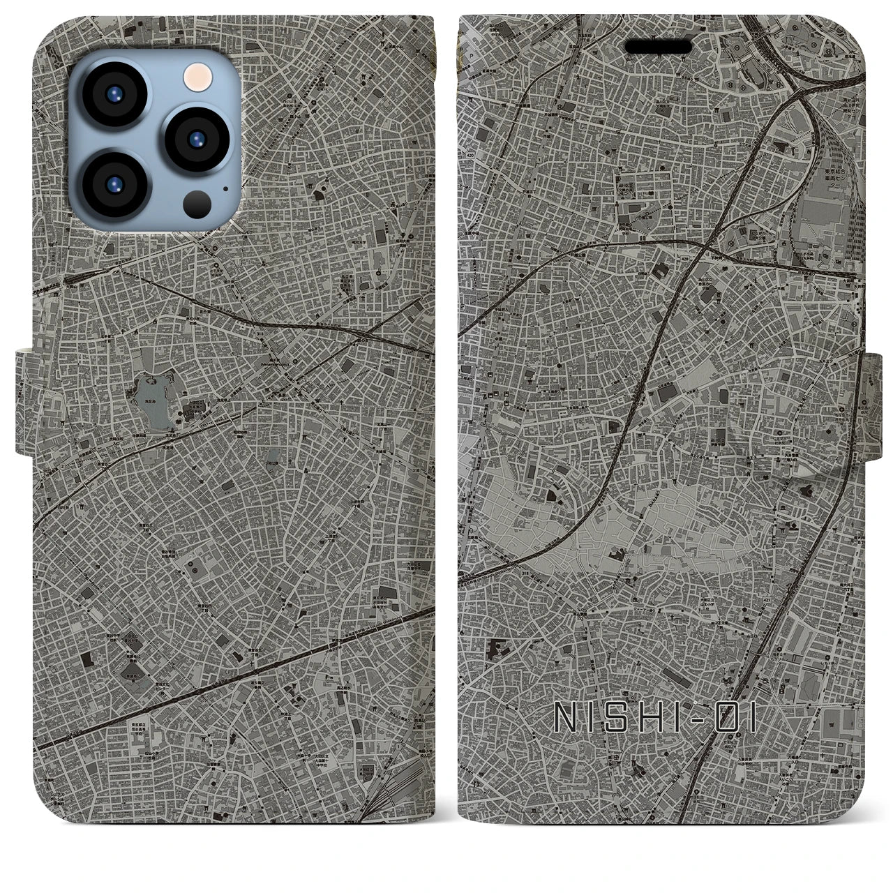 【西大井(東京都)】地図柄iPhoneケース(手帳タイプ)モノトーン・iPhone 13 Pro Max 用