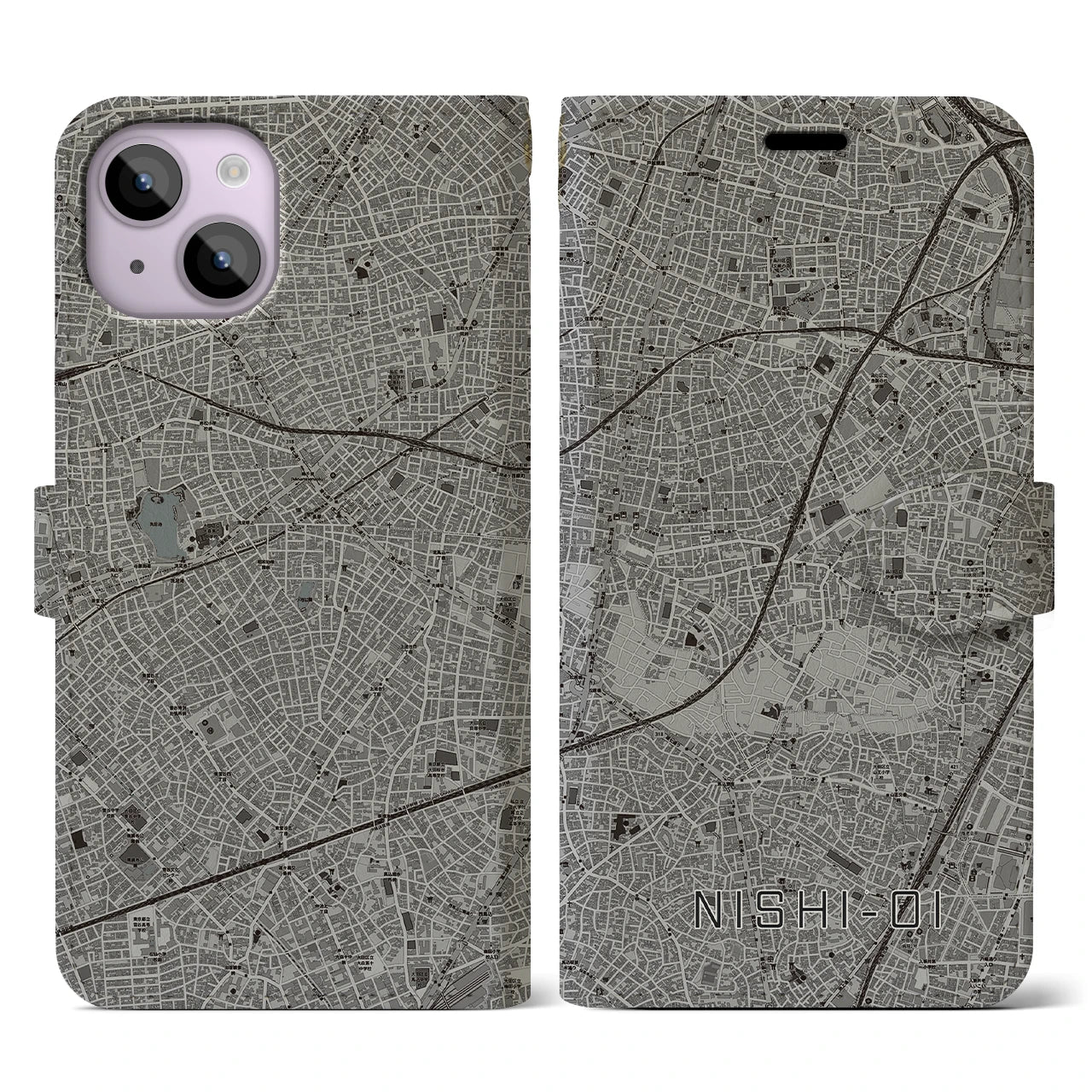 【西大井(東京都)】地図柄iPhoneケース(手帳タイプ)モノトーン・iPhone 14 用