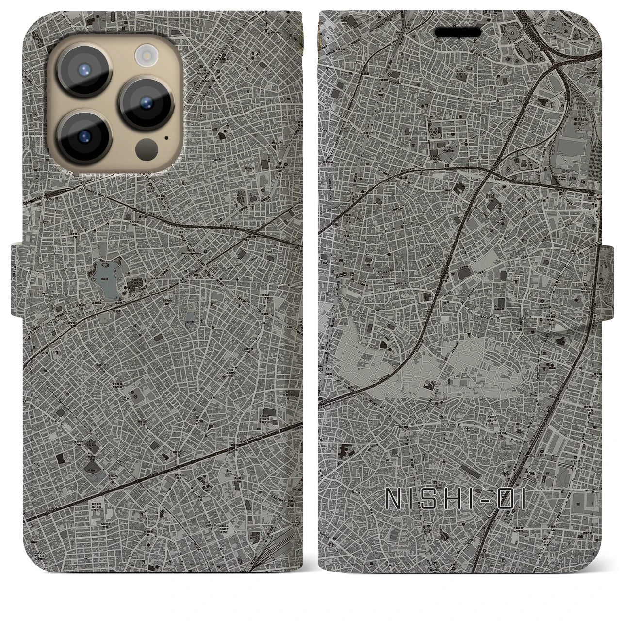 【西大井(東京都)】地図柄iPhoneケース(手帳タイプ)モノトーン・iPhone 14 Pro Max 用