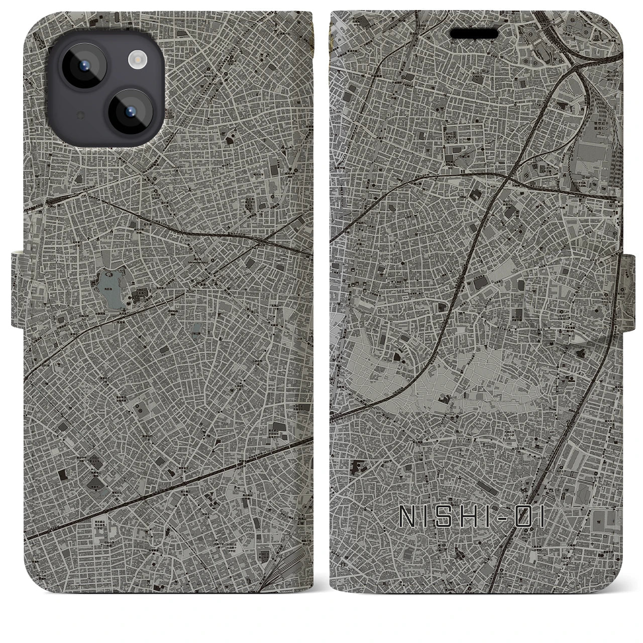 【西大井(東京都)】地図柄iPhoneケース(手帳タイプ)モノトーン・iPhone 14 Plus 用