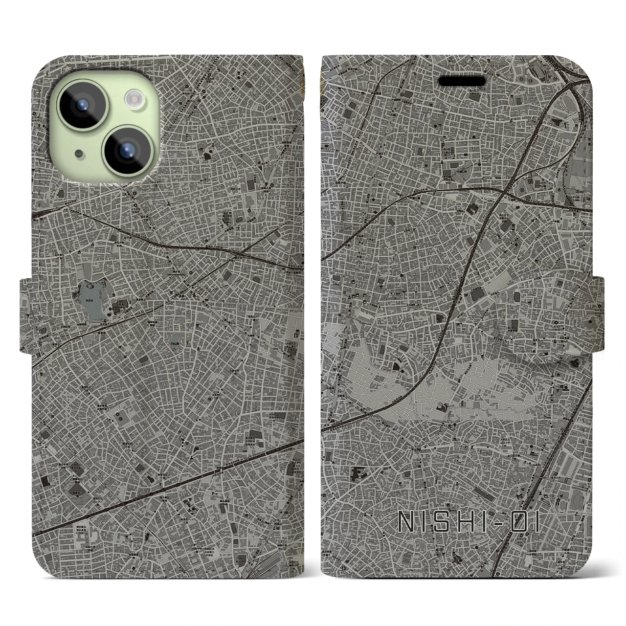 【西大井(東京都)】地図柄iPhoneケース(手帳タイプ)モノトーン・iPhone 15 用