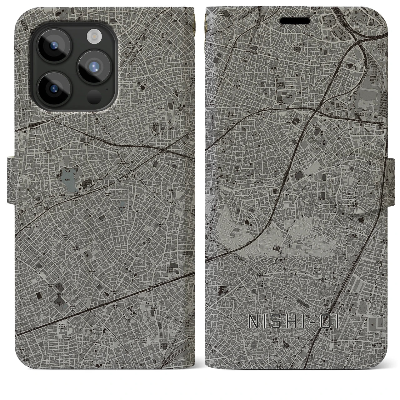 【西大井(東京都)】地図柄iPhoneケース(手帳タイプ)モノトーン・iPhone 15 Pro Max 用