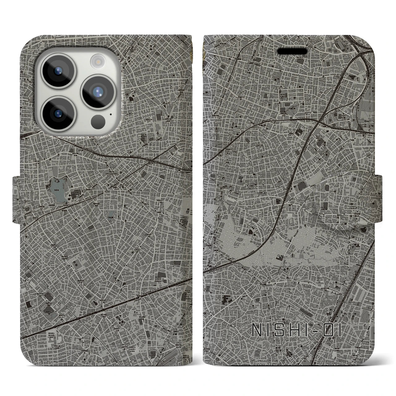【西大井(東京都)】地図柄iPhoneケース(手帳タイプ)モノトーン・iPhone 15 Pro 用