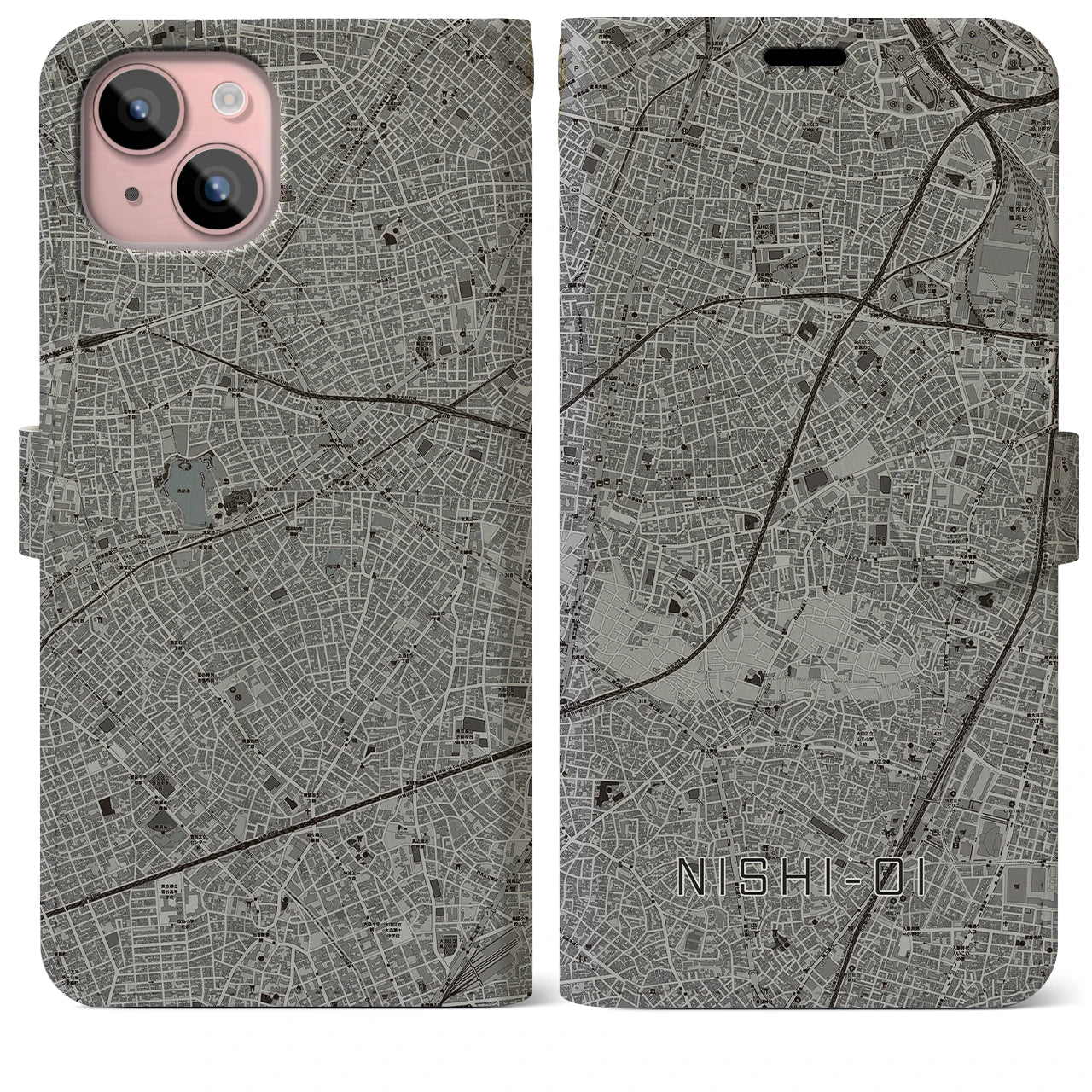 【西大井(東京都)】地図柄iPhoneケース(手帳タイプ)モノトーン・iPhone 15 Plus 用
