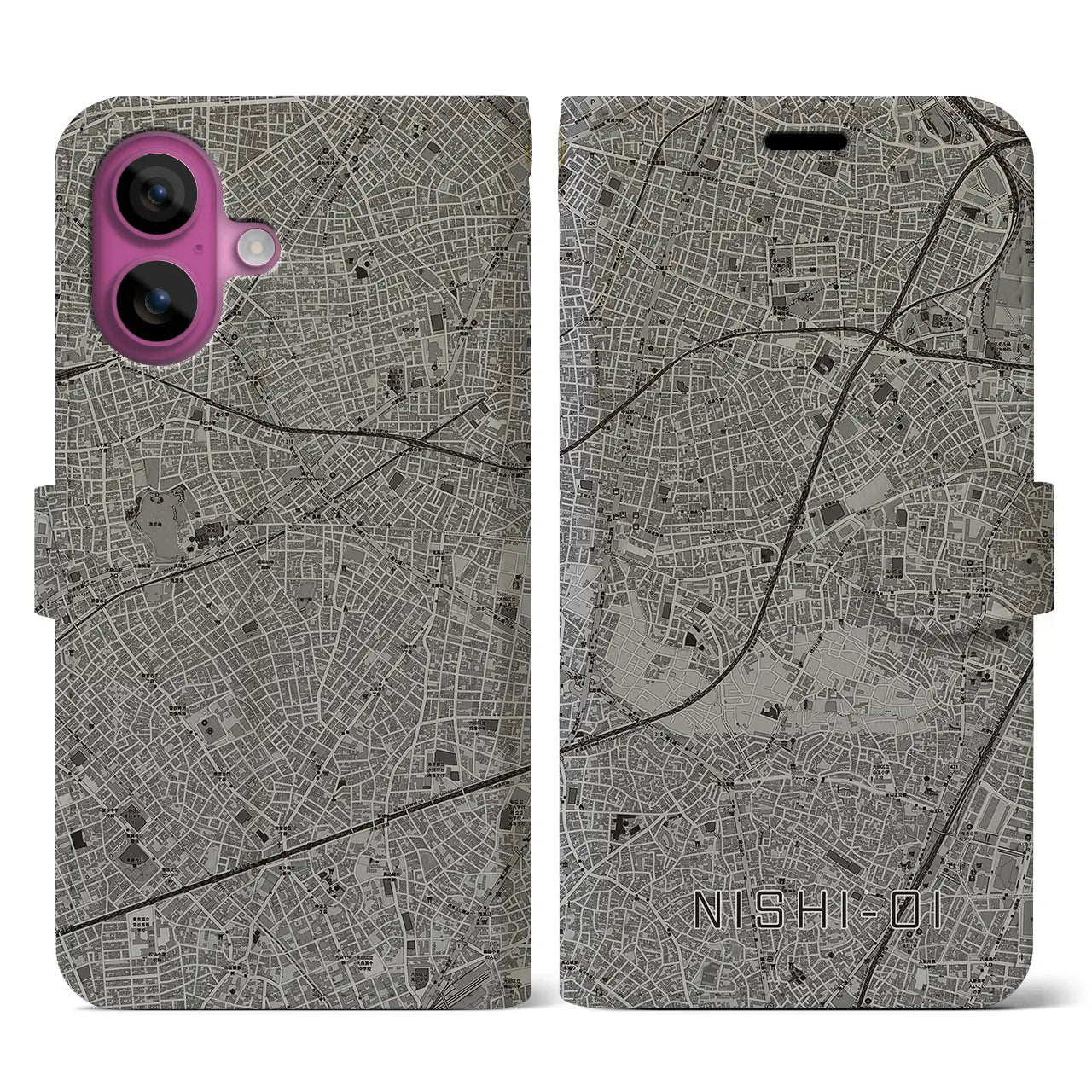 【西大井(東京都)】地図柄iPhoneケース(手帳タイプ)モノトーン・iPhone 16 Pro 用