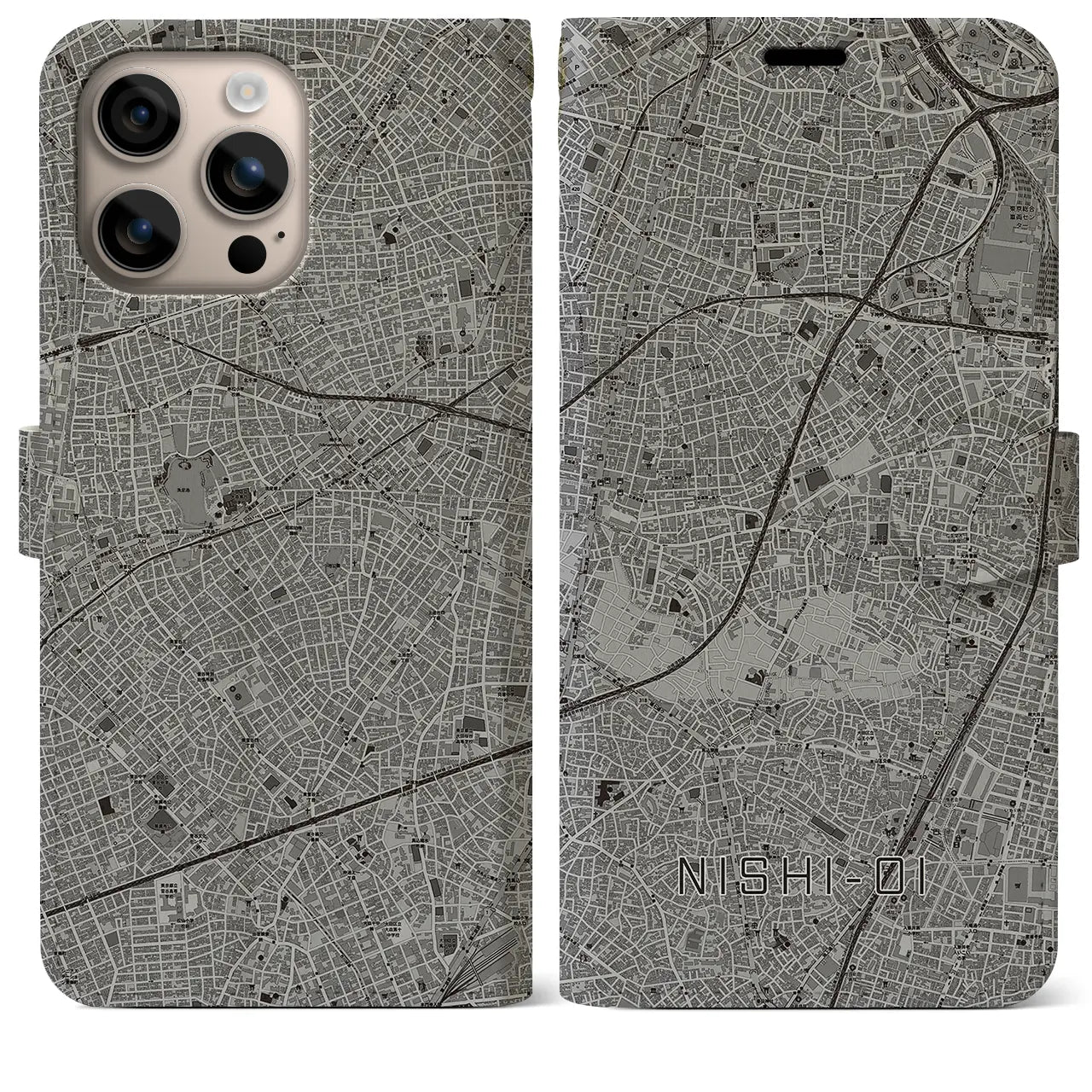 【西大井(東京都)】地図柄iPhoneケース(手帳タイプ)モノトーン・iPhone 16 Plus 用