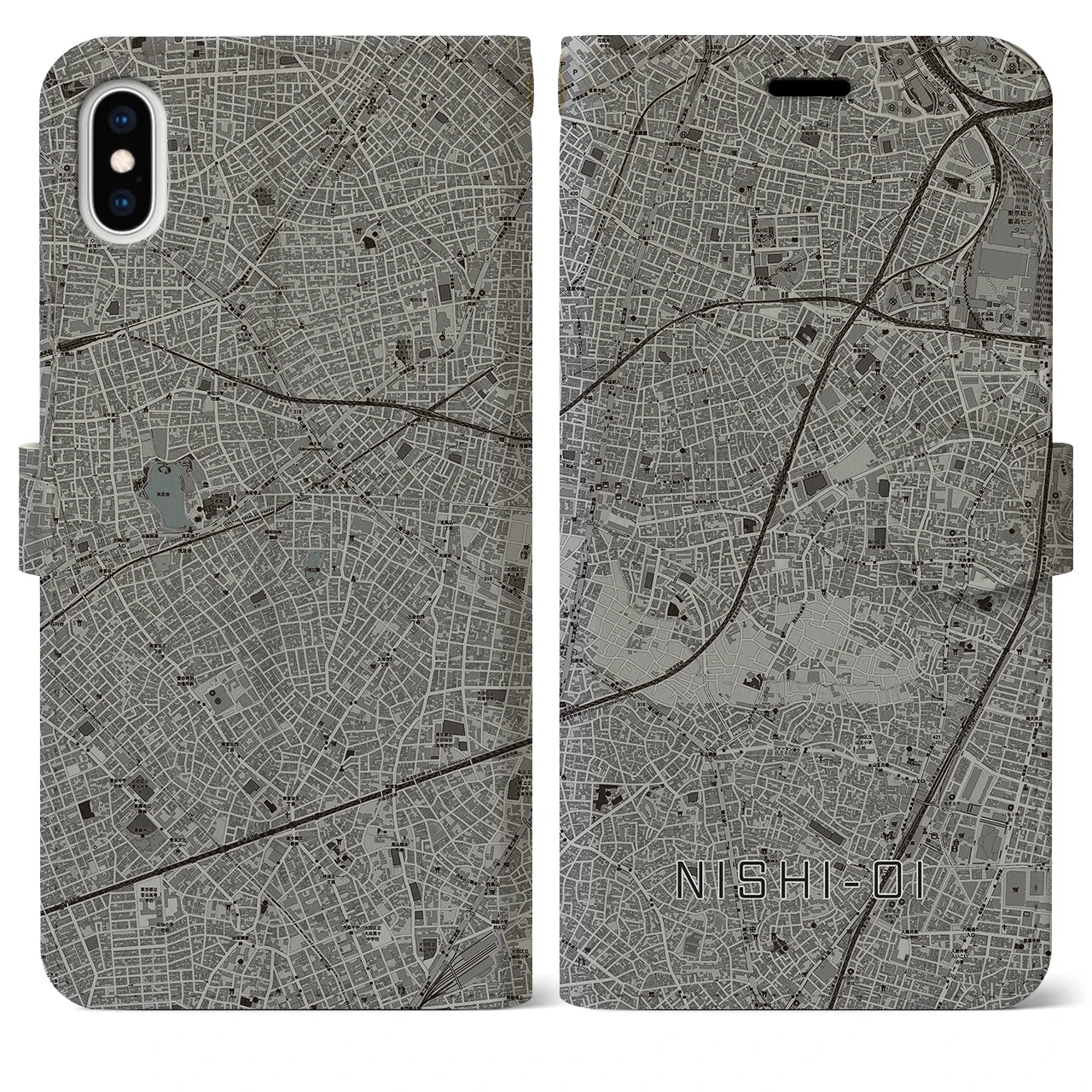 【西大井(東京都)】地図柄iPhoneケース(手帳タイプ)モノトーン・iPhone XS Max 用