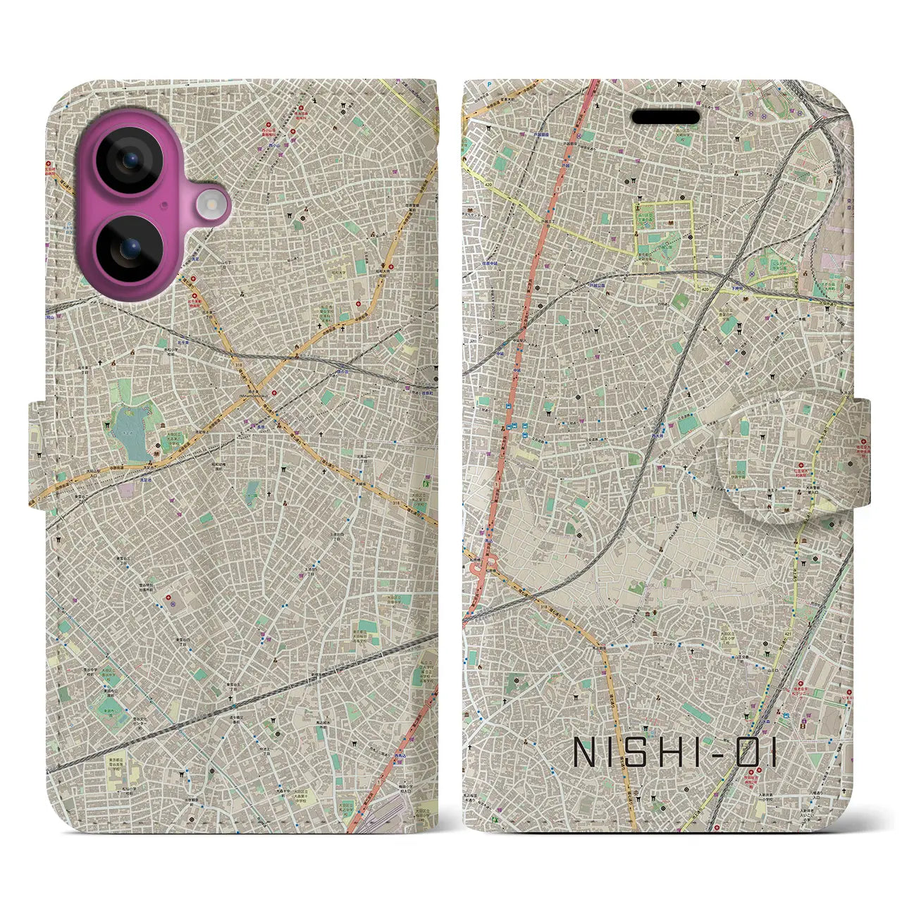 【西大井(東京都)】地図柄iPhoneケース(手帳タイプ)ナチュラル・iPhone 16 Pro 用