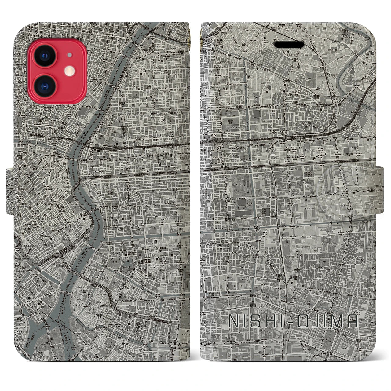 【西大島(東京都)】地図柄iPhoneケース(手帳タイプ)モノトーン・iPhone 11 用
