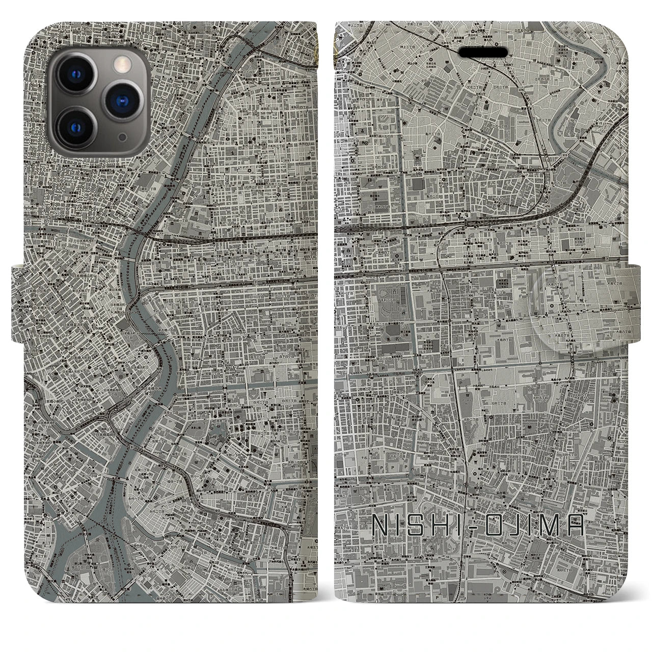 【西大島(東京都)】地図柄iPhoneケース(手帳タイプ)モノトーン・iPhone 11 Pro Max 用