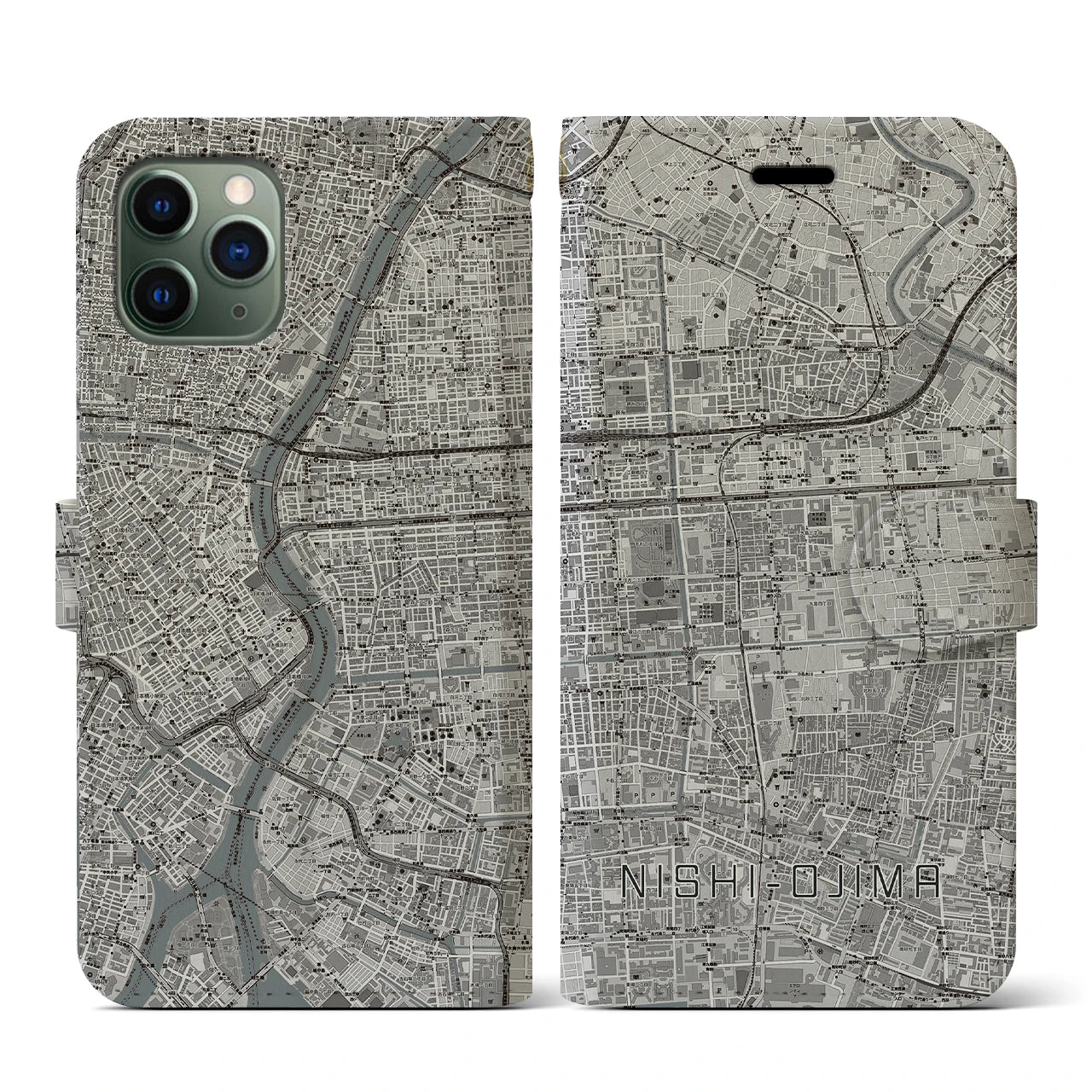 【西大島(東京都)】地図柄iPhoneケース(手帳タイプ)モノトーン・iPhone 11 Pro 用