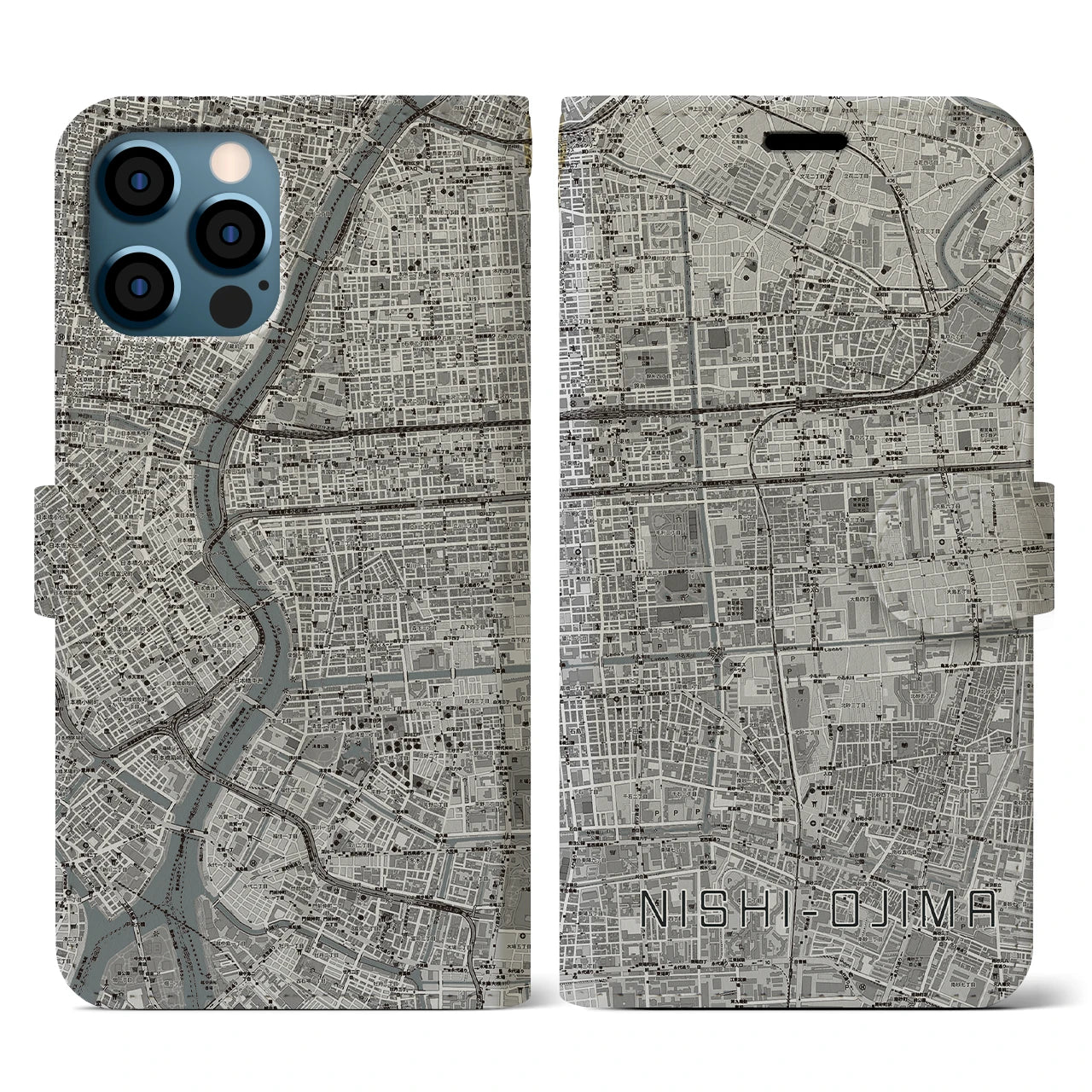 【西大島(東京都)】地図柄iPhoneケース(手帳タイプ)モノトーン・iPhone 12 / 12 Pro 用