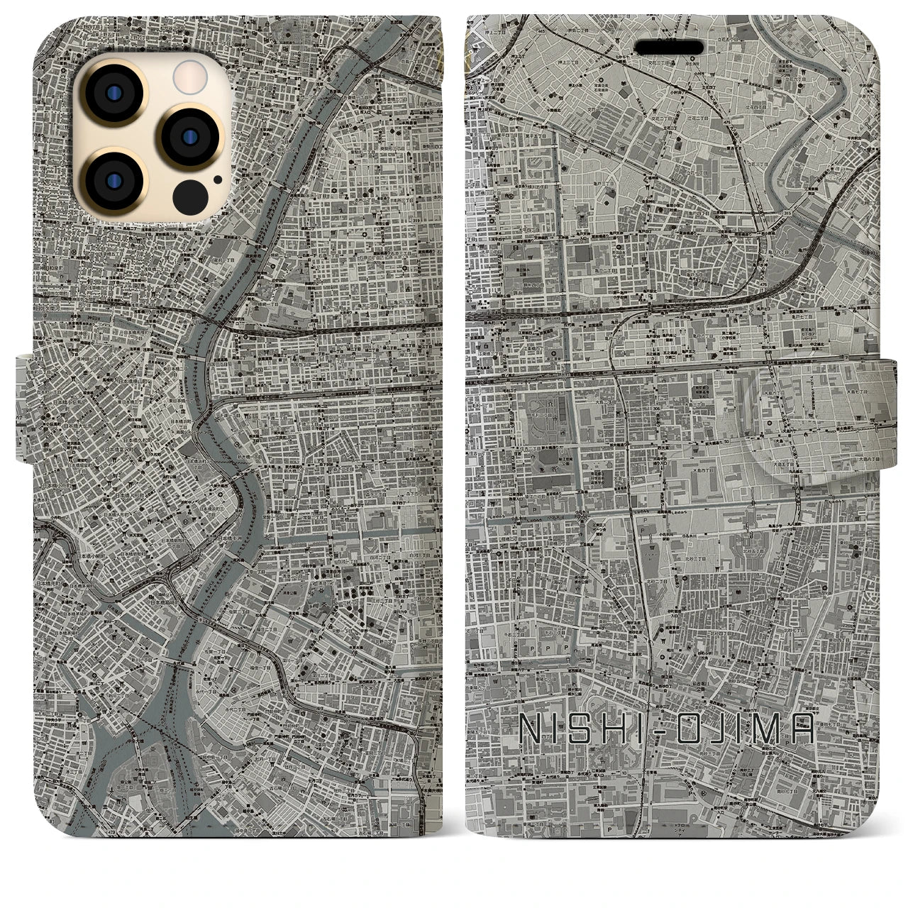 【西大島(東京都)】地図柄iPhoneケース(手帳タイプ)モノトーン・iPhone 12 Pro Max 用