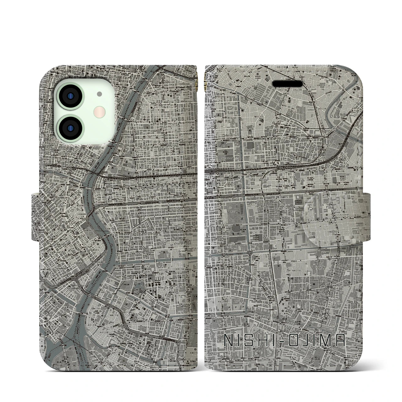 【西大島(東京都)】地図柄iPhoneケース(手帳タイプ)モノトーン・iPhone 12 mini 用