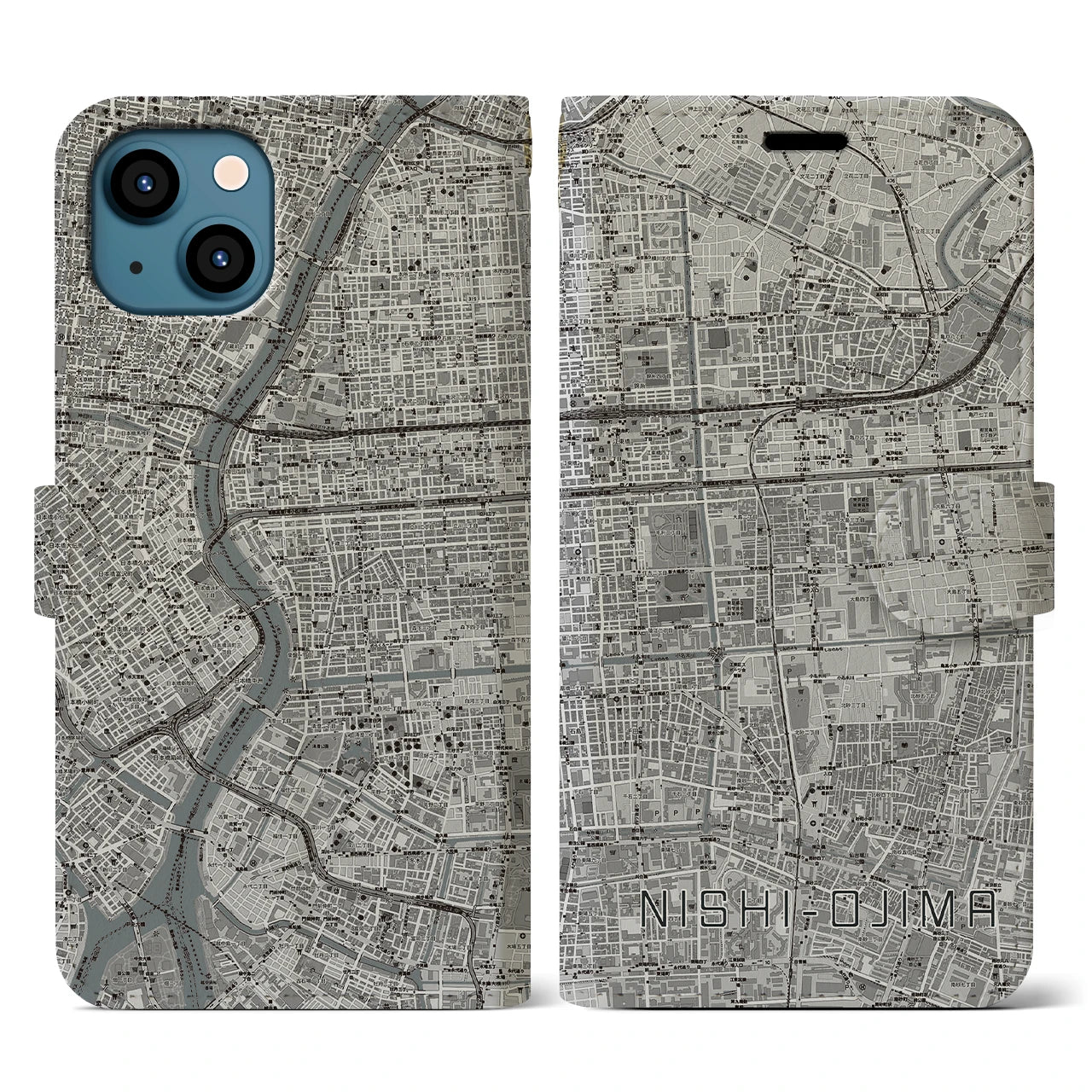 【西大島(東京都)】地図柄iPhoneケース(手帳タイプ)モノトーン・iPhone 13 用