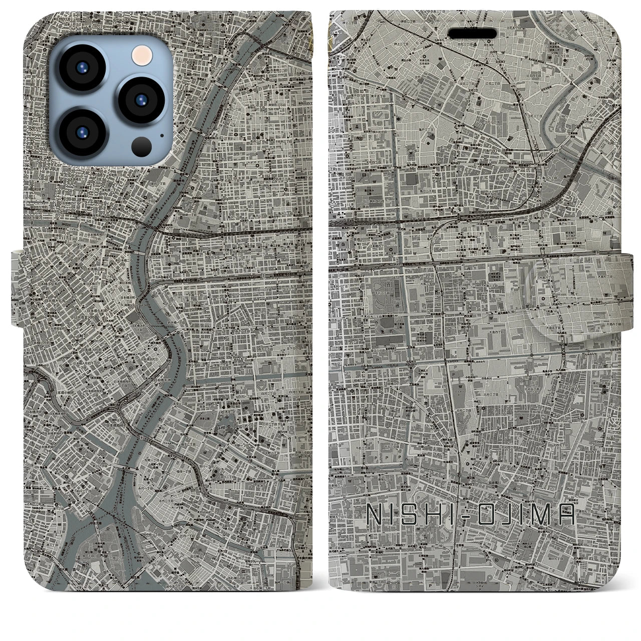 【西大島(東京都)】地図柄iPhoneケース(手帳タイプ)モノトーン・iPhone 13 Pro Max 用