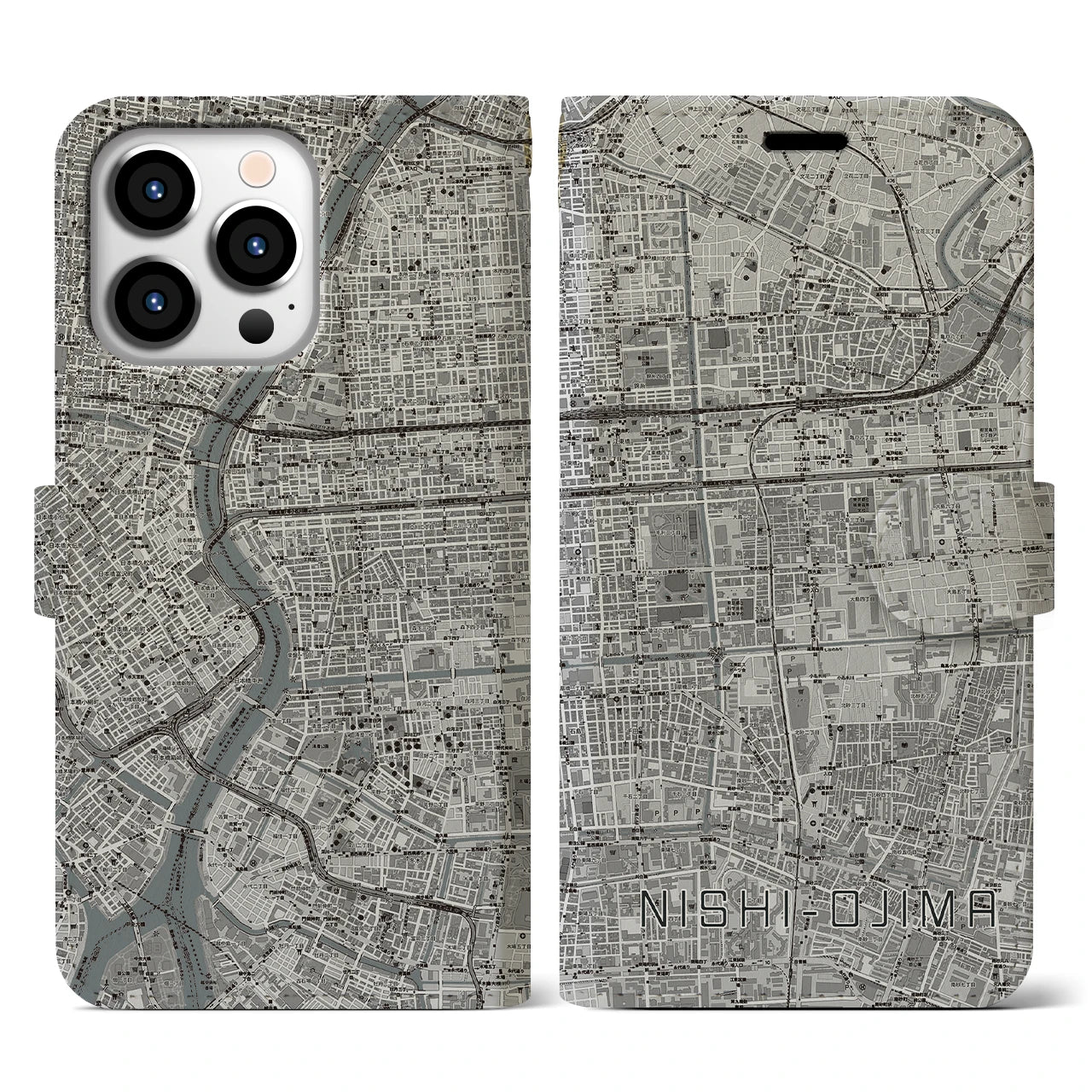 【西大島(東京都)】地図柄iPhoneケース(手帳タイプ)モノトーン・iPhone 13 Pro 用