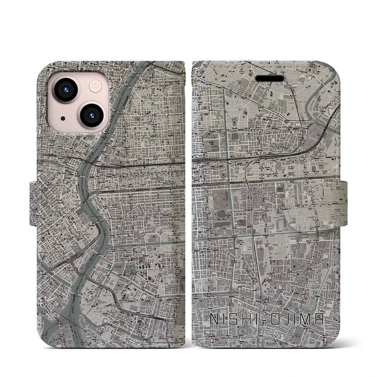 【西大島(東京都)】地図柄iPhoneケース(手帳タイプ)モノトーン・iPhone 13 mini 用