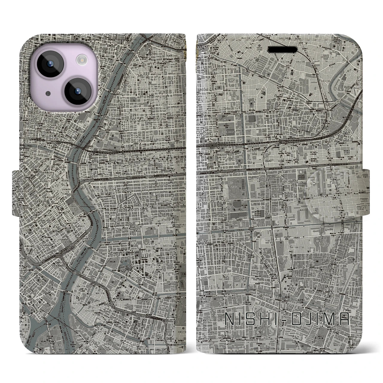 【西大島(東京都)】地図柄iPhoneケース(手帳タイプ)モノトーン・iPhone 14 用