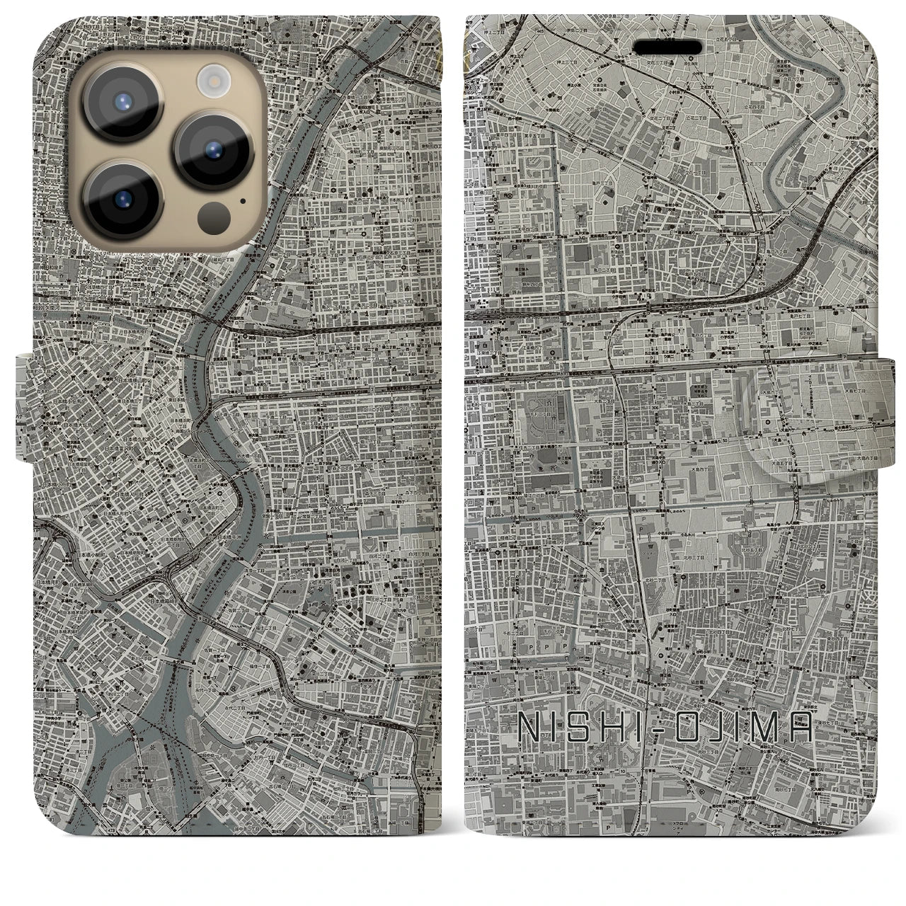 【西大島(東京都)】地図柄iPhoneケース(手帳タイプ)モノトーン・iPhone 14 Pro Max 用