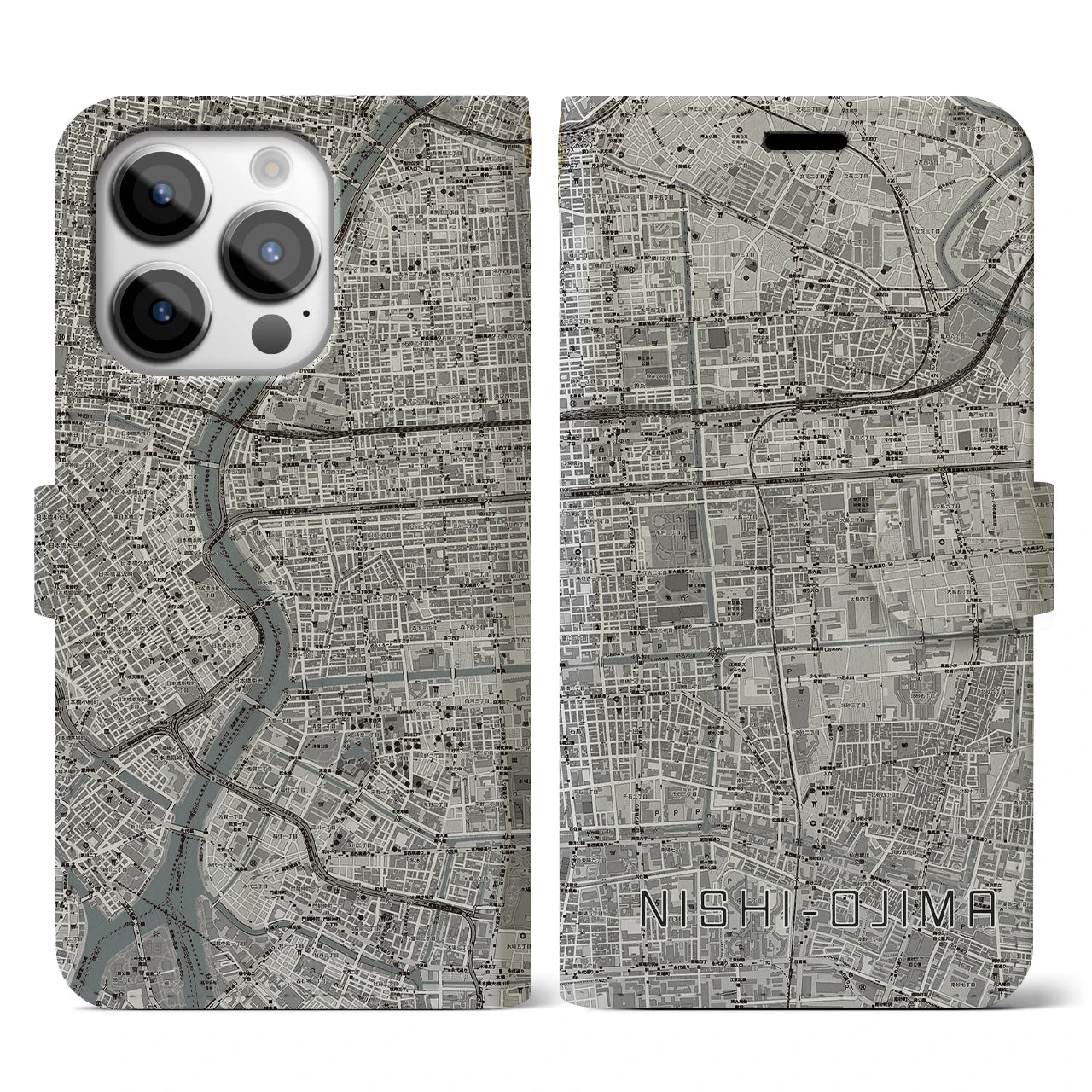 【西大島(東京都)】地図柄iPhoneケース(手帳タイプ)モノトーン・iPhone 14 Pro 用