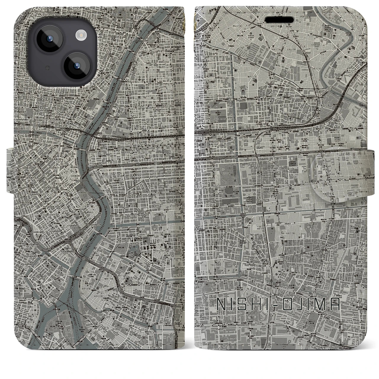 【西大島(東京都)】地図柄iPhoneケース(手帳タイプ)モノトーン・iPhone 14 Plus 用