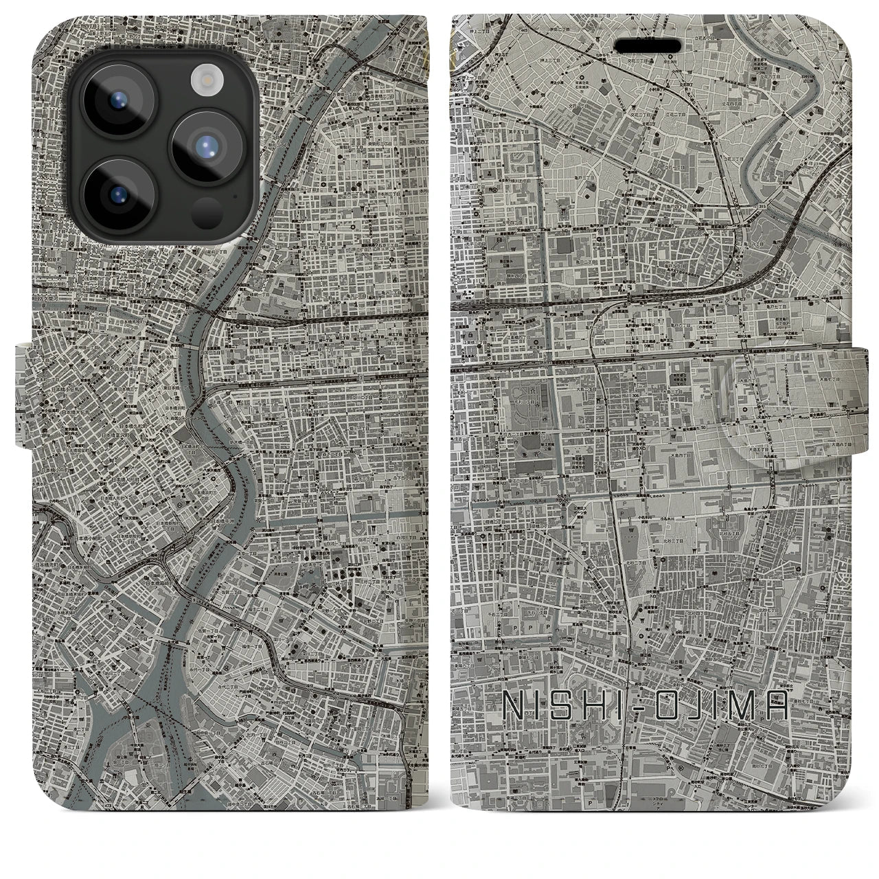 【西大島(東京都)】地図柄iPhoneケース(手帳タイプ)モノトーン・iPhone 15 Pro Max 用