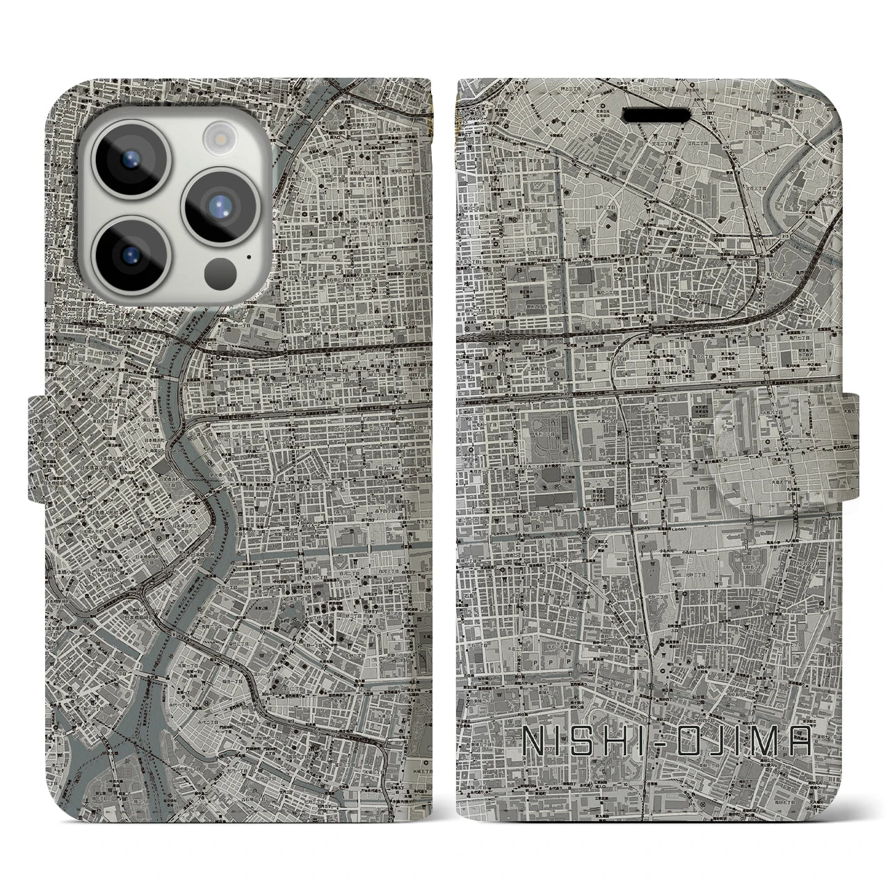 【西大島(東京都)】地図柄iPhoneケース(手帳タイプ)モノトーン・iPhone 15 Pro 用