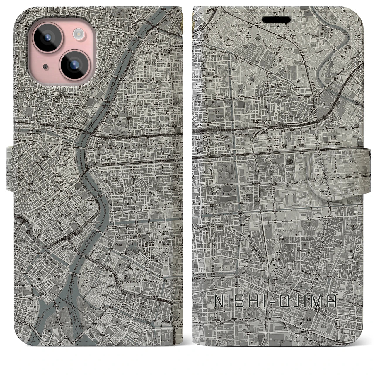 【西大島(東京都)】地図柄iPhoneケース(手帳タイプ)モノトーン・iPhone 15 Plus 用